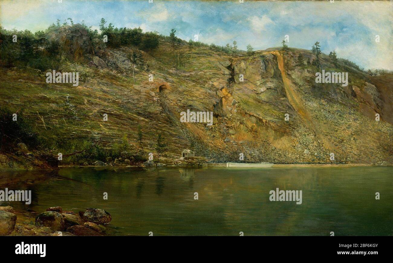 The Iron Mine Port Henry New York. The iron-ore bed in Craig Harbor near Port Henry, New York, was one of the richest veins in the northeast. Earlier artists had pictured America's mountain peaks and virgin forests, but by midcentury, the railroads, mines, and oil fields were the new and exciting scenes to paint. Stock Photo