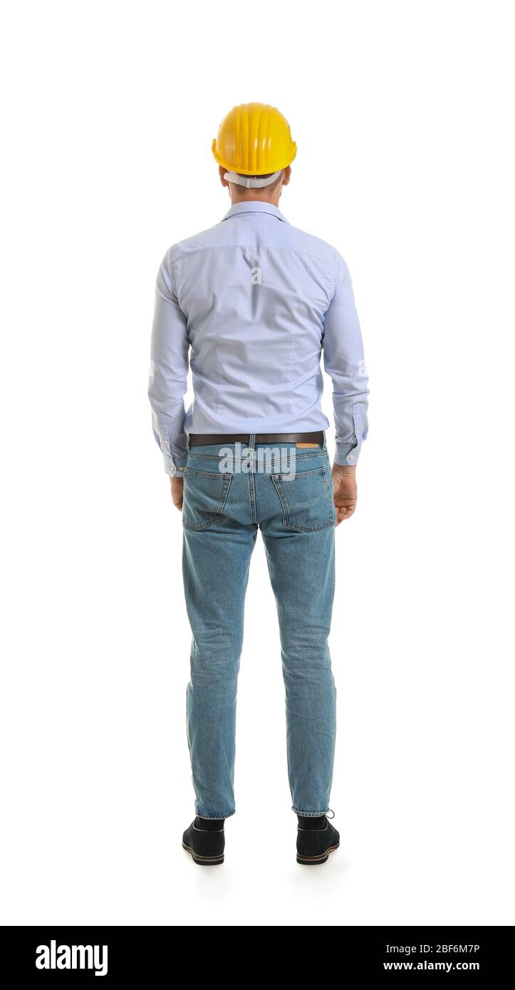 Male engineer on white background, back view Stock Photo - Alamy