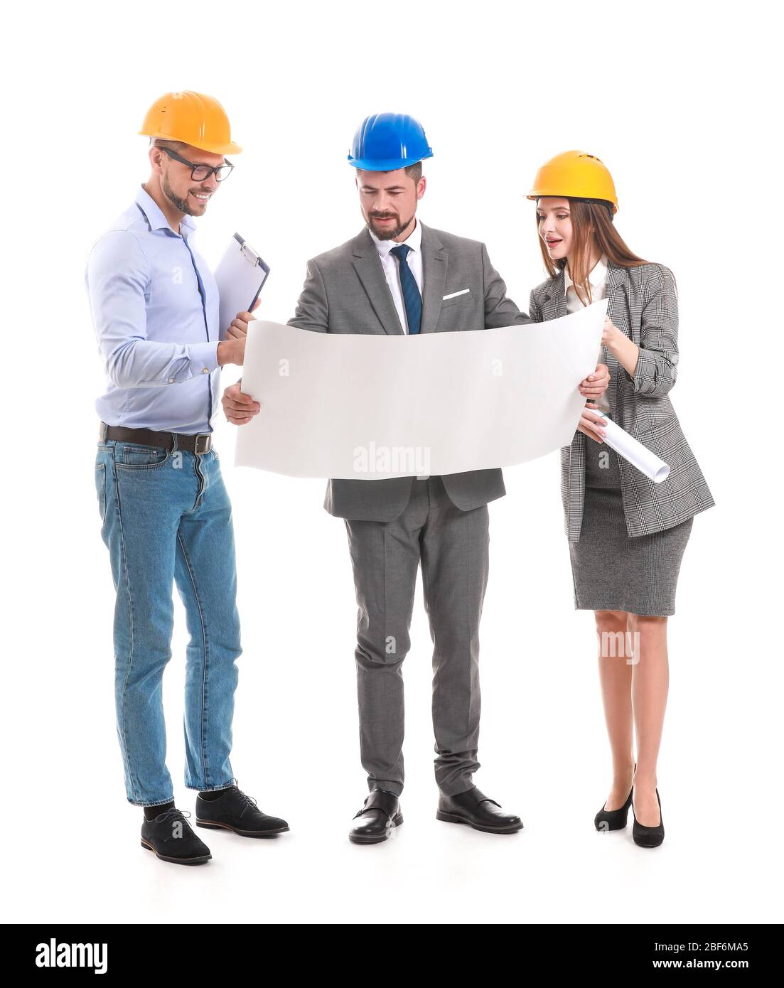 Group of engineers with drawing on white background Stock Photo Alamy