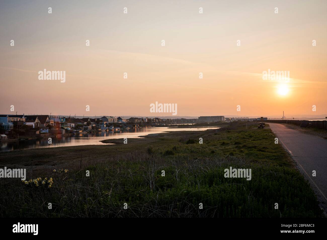Sunrise over Widewater Lagoon, Lancing, West Sussex, UK Stock Photo