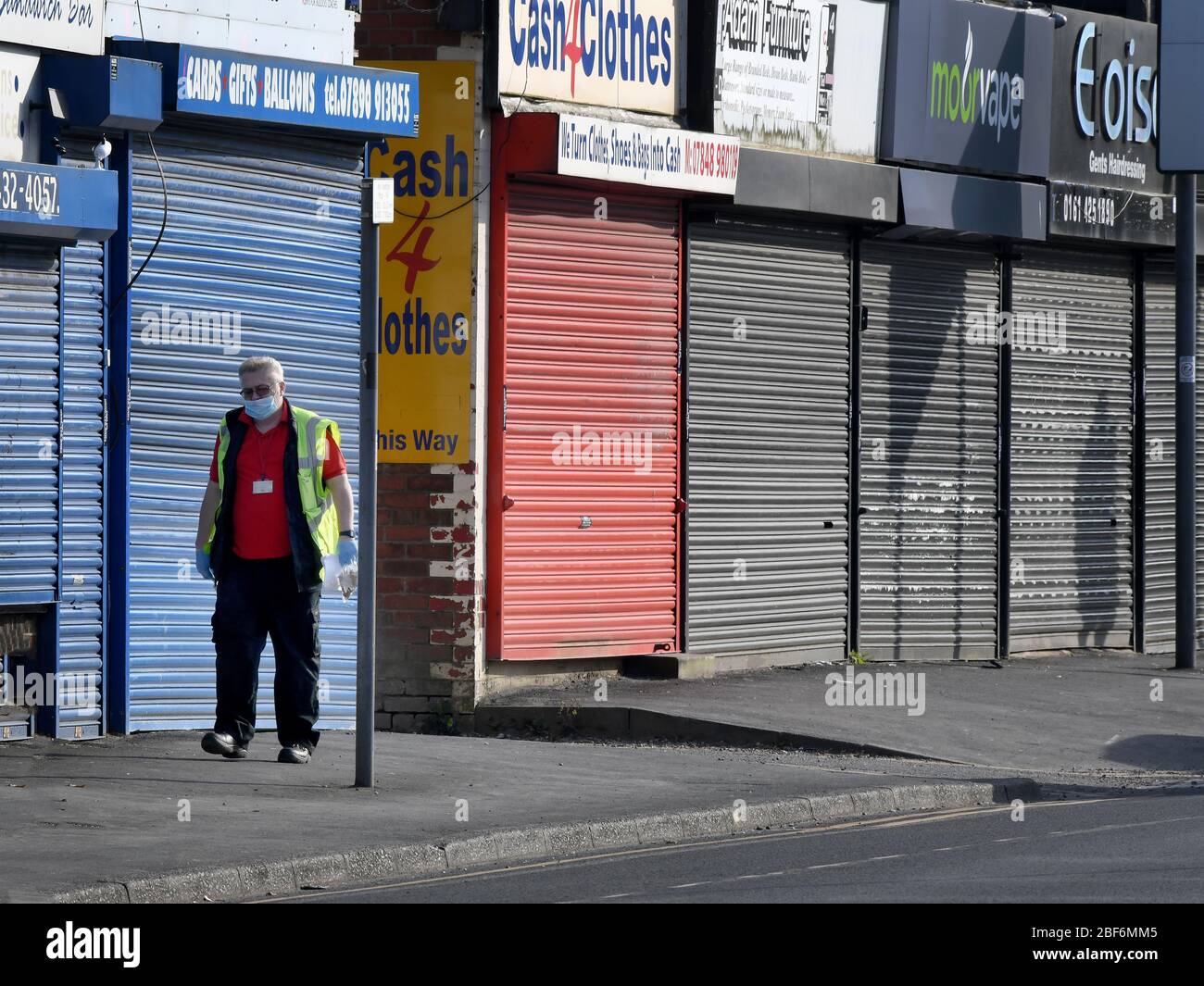 Manchester England 16 April 2020. A row of shuttered shops and small businesses in Stockport that are closed because of the Coronavirus lockdown. Photograph by Howard Walker / Alamy News Live. Stock Photo
