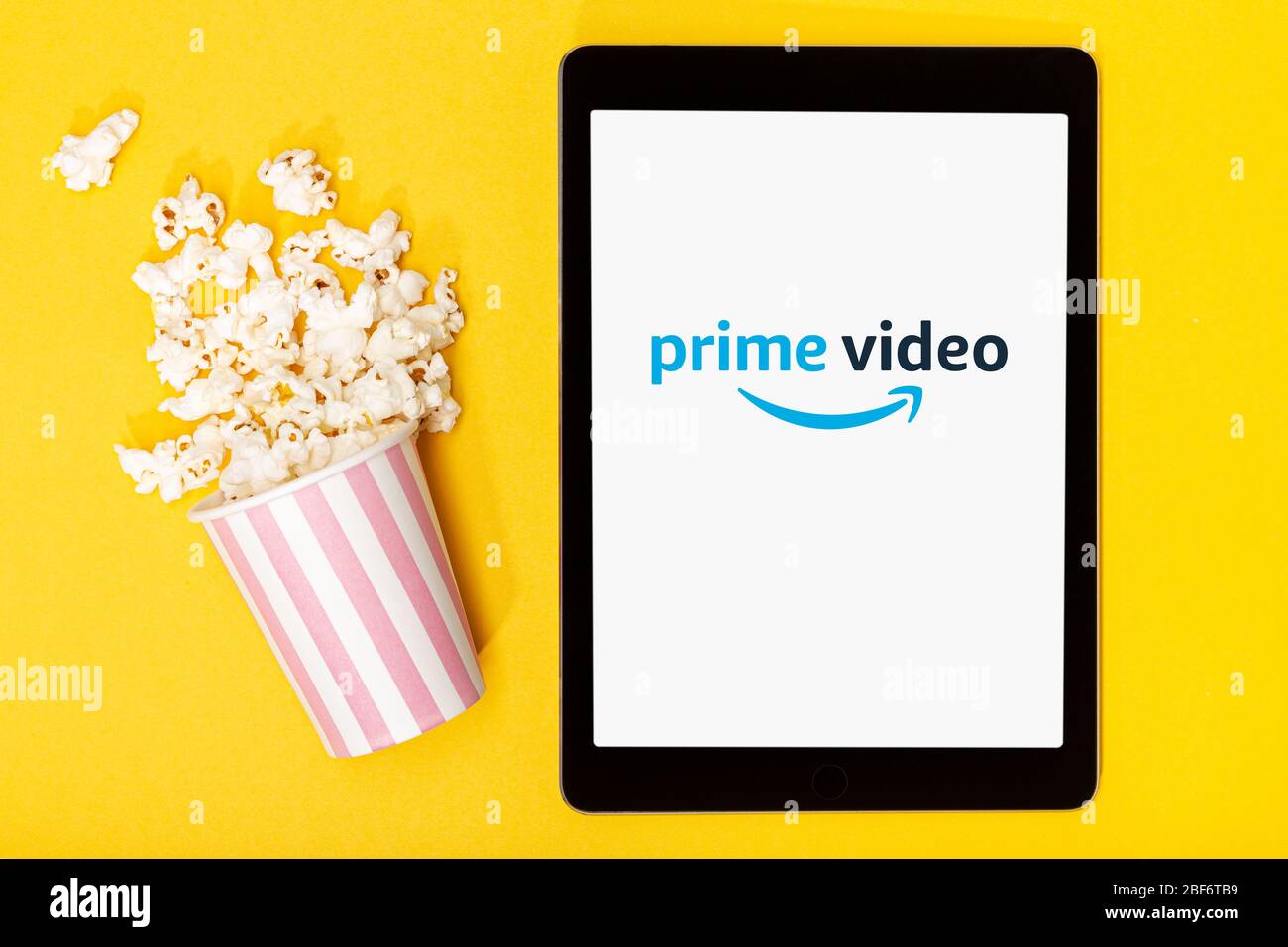 Galicia Spain March 9 Popcorn Bucket And Tablet With Amazon Prime Video Logo On Yellow Background Top View Stock Photo Alamy
