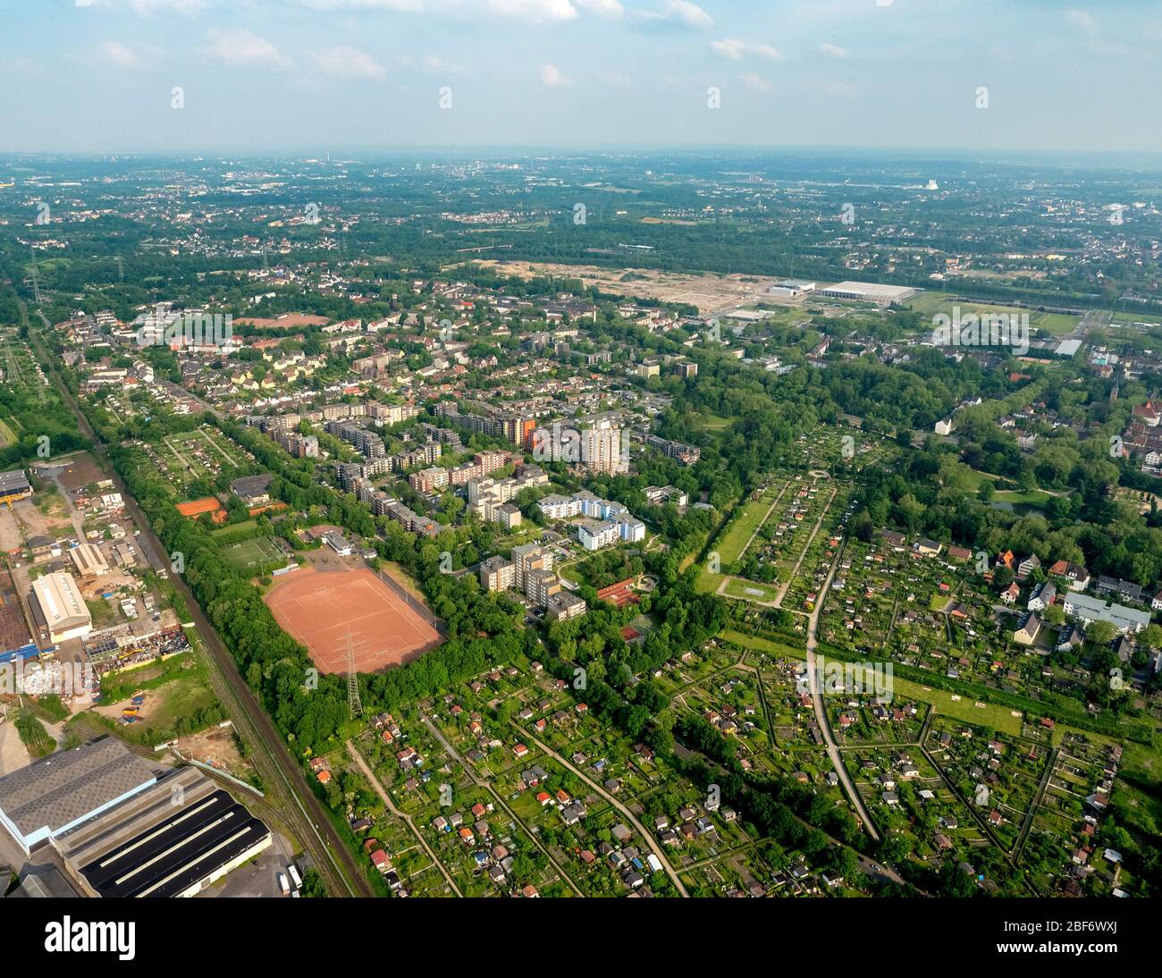Bulmke-Huellen with sports facilities, allotements and residential areas on Doermannsweg in Gelsenkirchen, 26.05.2016, aerial view, Germany, North Rhine-Westphalia, Ruhr Area, Gelsenkirchen Stock Photo