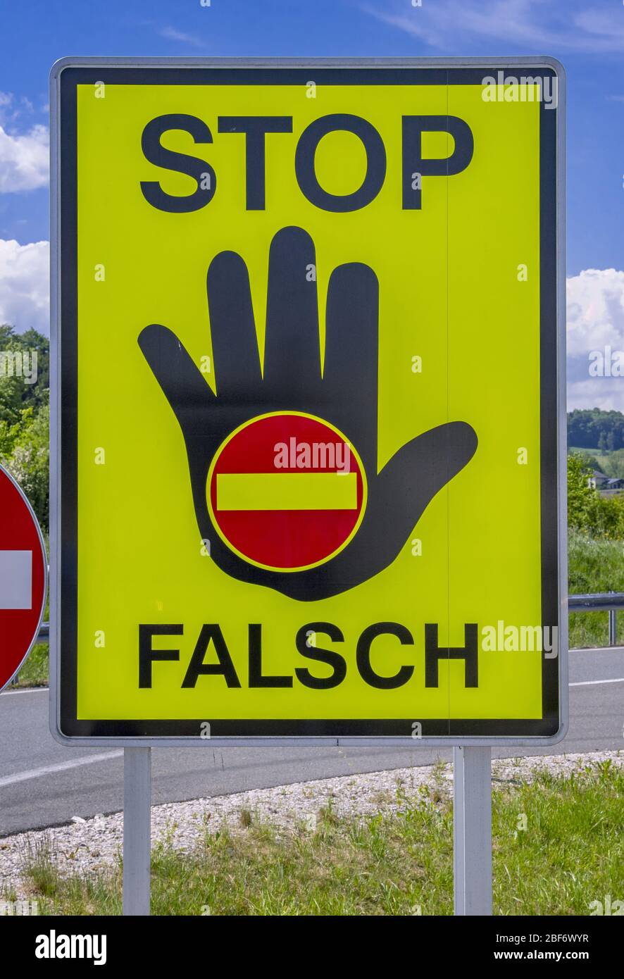 traffic sign stop, false direction, Austria Stock Photo