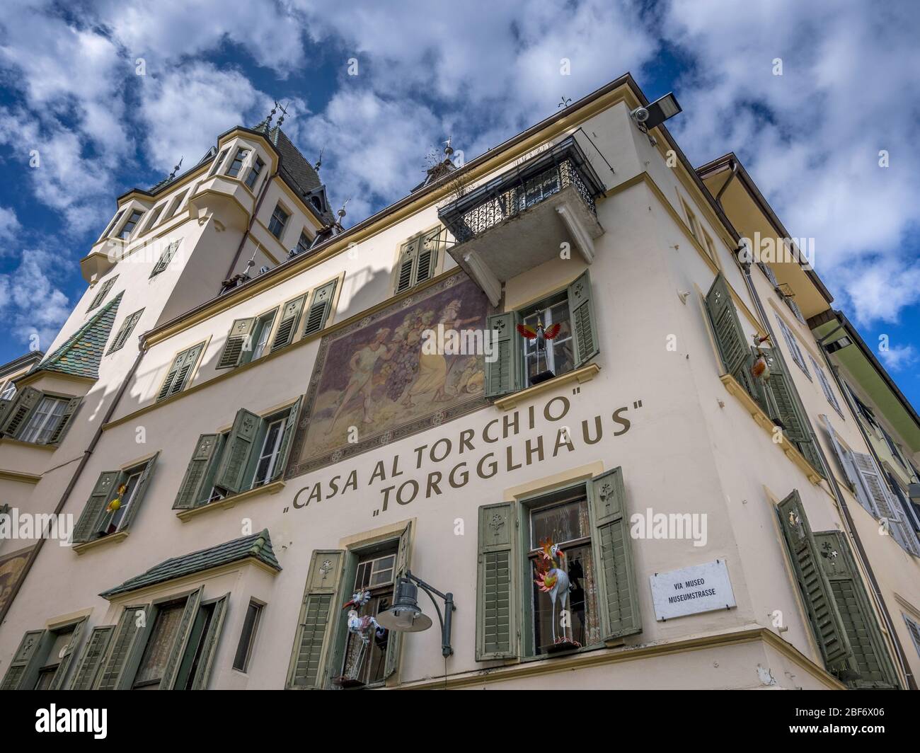 Casa al Torchio, Piazza Erbe in Bolzano, Italy, South Tyrol, Trentino, Bolzano Stock Photo