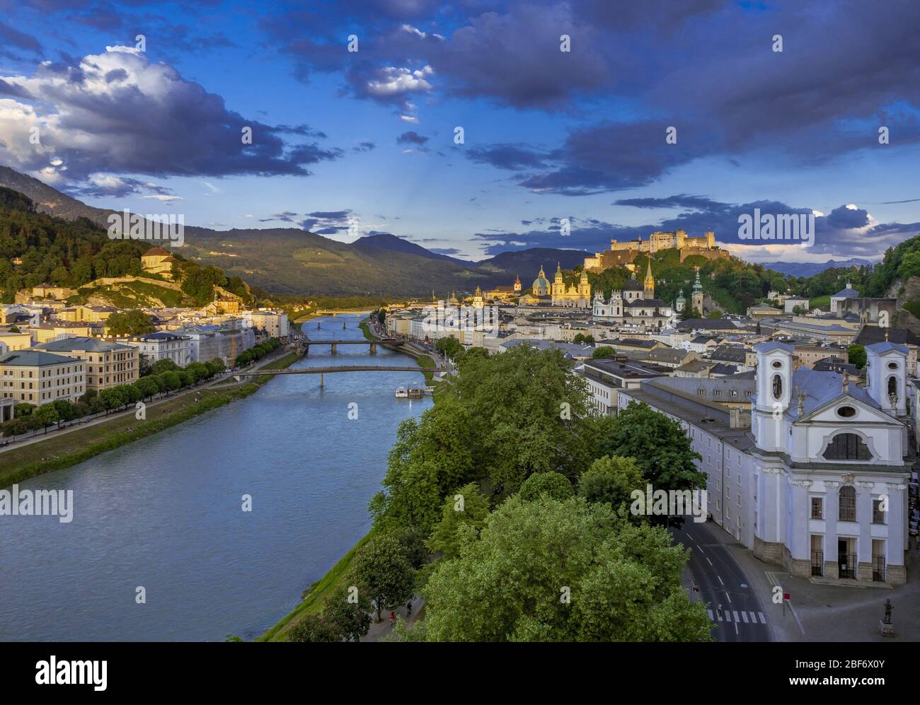 Historic town centre of Salzburg and castle at dusk, Austria, Salzburg Stock Photo