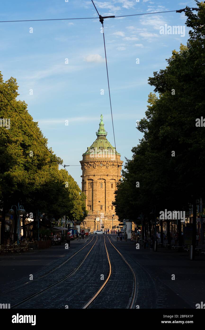 The Mannheimer Wasserturm (Mannheim Water Tower) at the visual end of