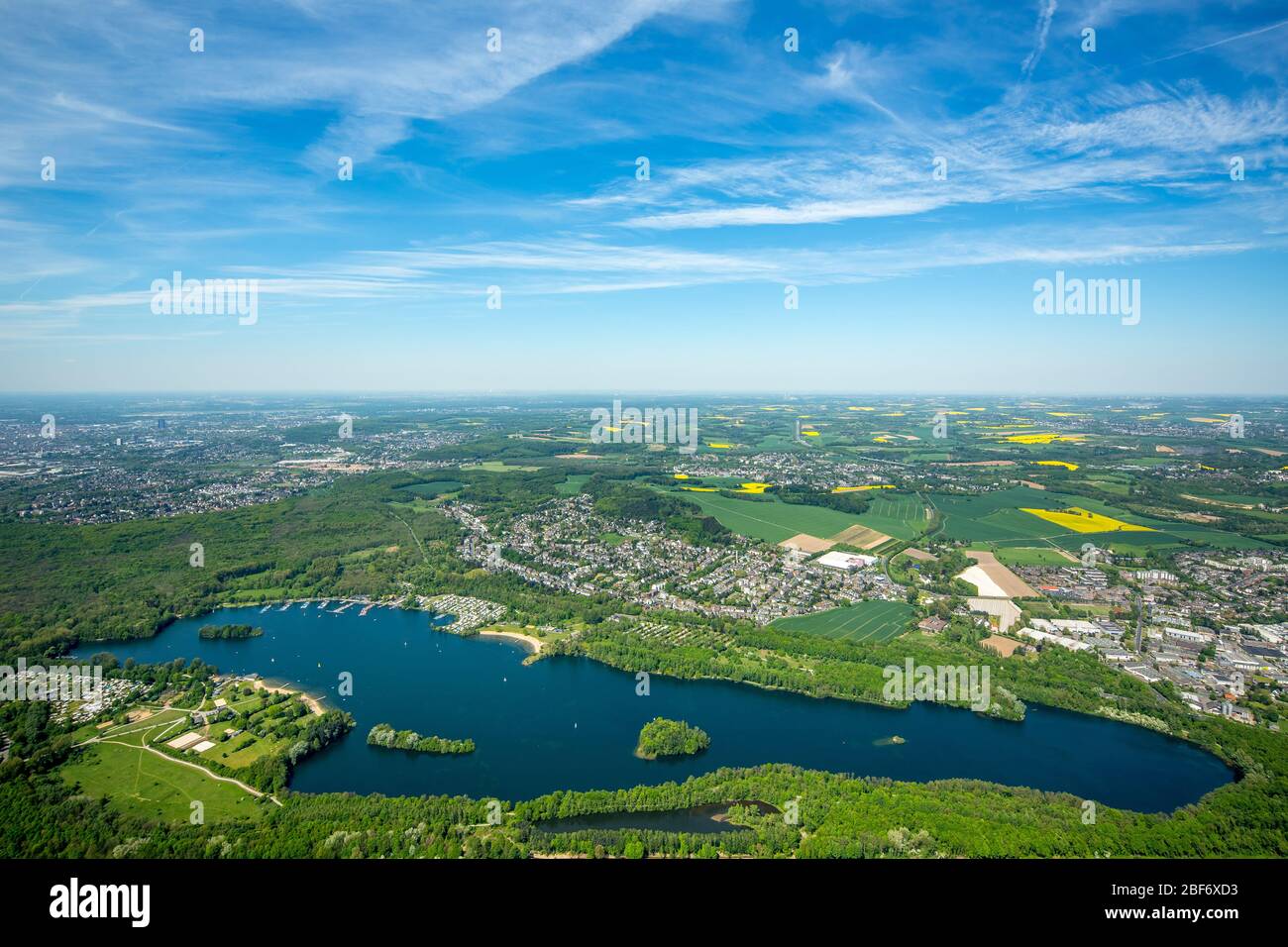 , lake Unterbacher See in Duesseldorf-Unterbach, 09.05.2016, aerial view, Germany, North Rhine-Westphalia, Lower Rhine, Dusseldorf Stock Photo