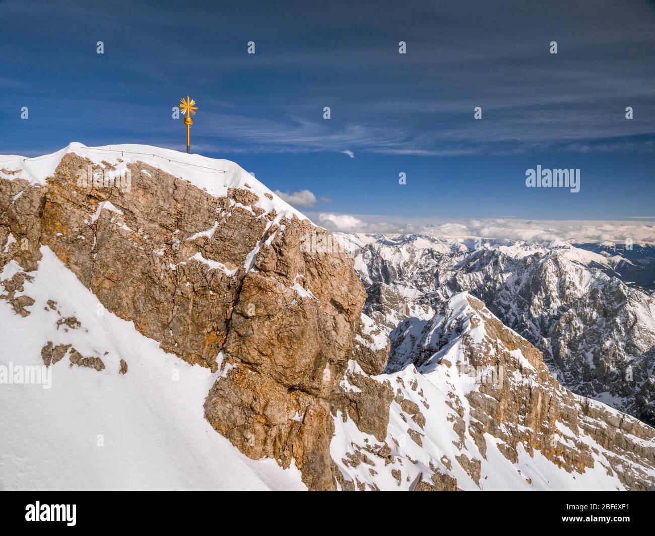 Summit cross on the Zugspitze (2962m), the highest mountain of Germany, Germany, Bavaria, Oberbayern, Upper Bavaria Stock Photo