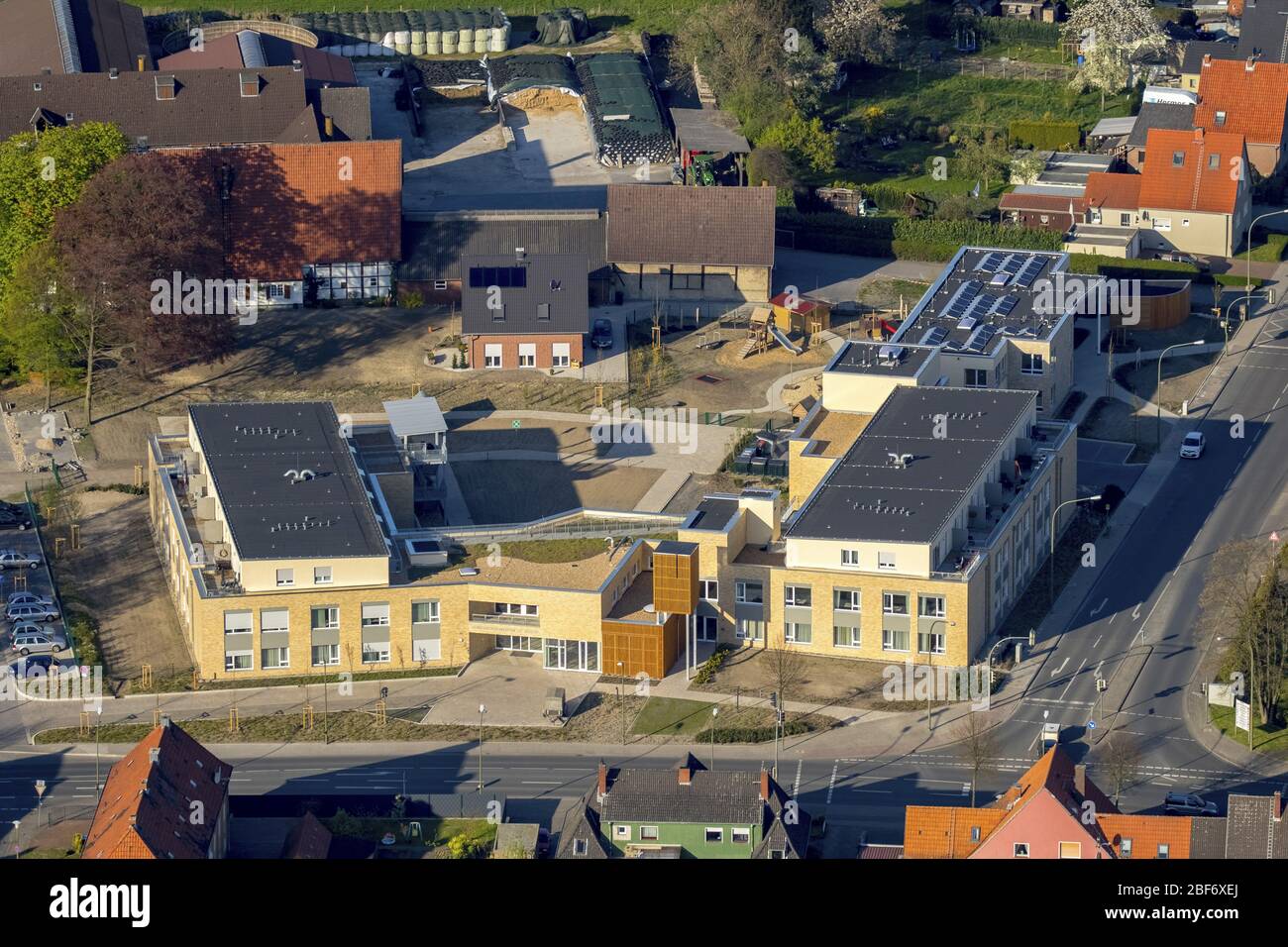 , retirement home Saint Josef at Muensterstrasse in Hamm-Koetterberg, 21.04.2016, aerial view, Germany, North Rhine-Westphalia, Ruhr Area, Hamm Stock Photo