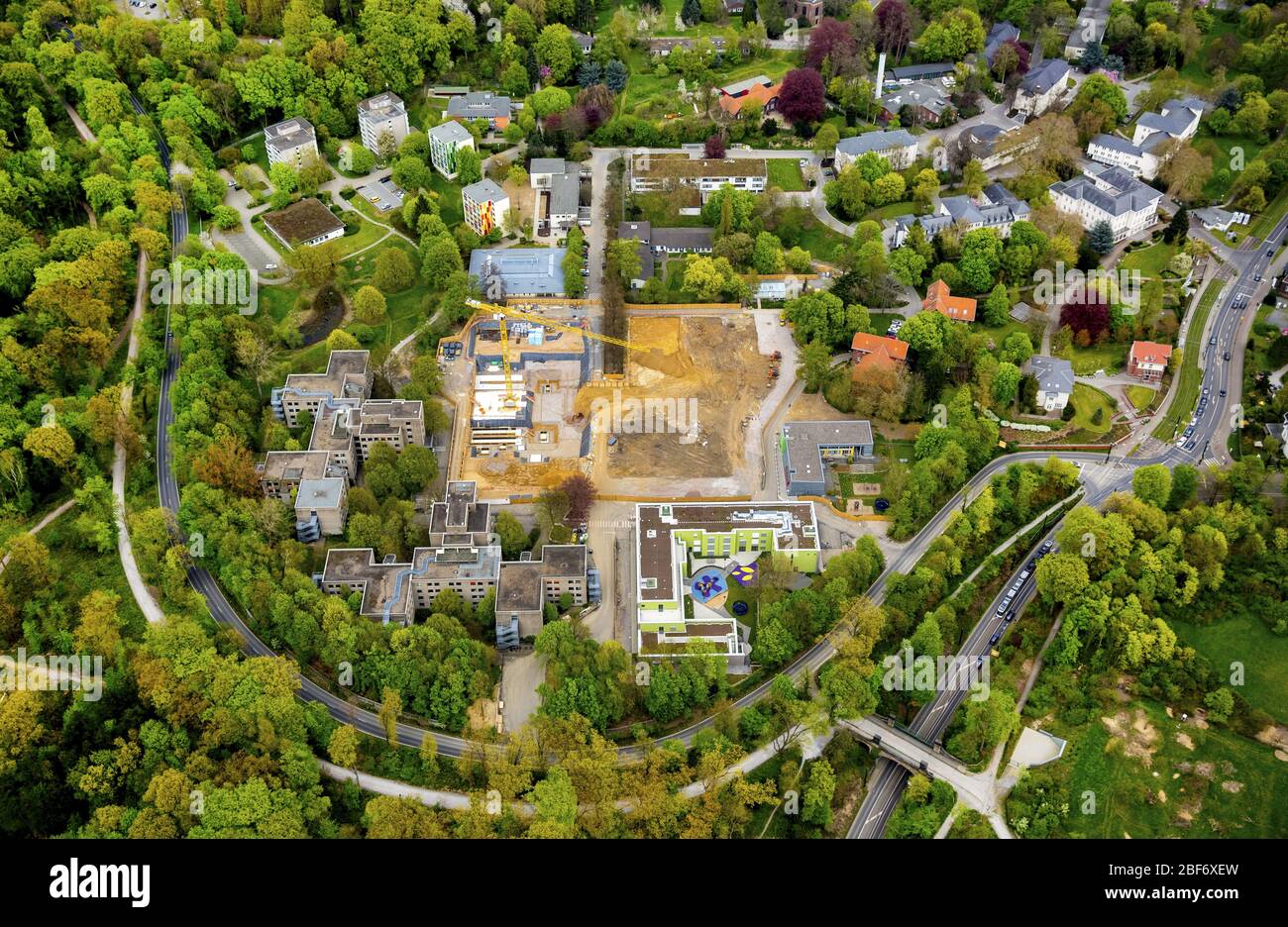 Construction site of building phase 1 on the premises of the hospital LVR-Klinikum on Grafenberg in Duesseldorf, 23.04.2016, aerial view, Germany, North Rhine-Westphalia, Lower Rhine, Dusseldorf Stock Photo
