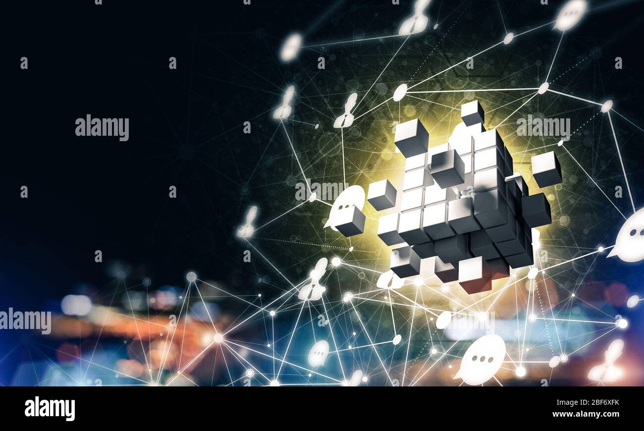 Concept of Internet and networking with digital cube figure on dark ...