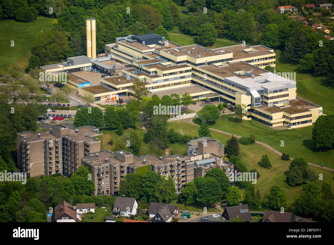 , hospital Helios-Klinik Schwelm in Schwelm, 11.05.2016, aerial view, Germany, North Rhine-Westphalia, Ruhr Area, Schwelm Stock Photo