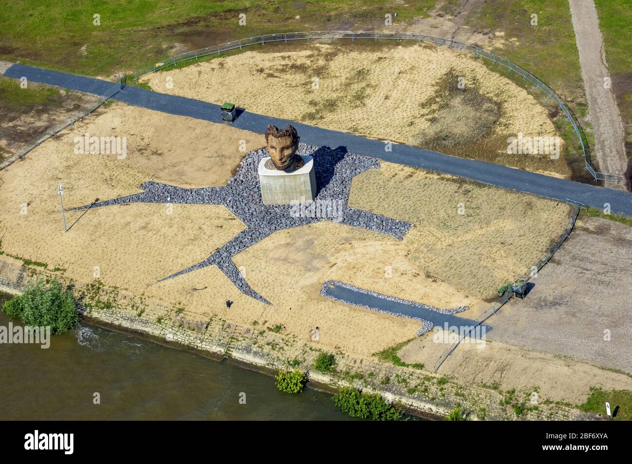 , tourist attraction of a large sculpture of Poseidon on the Ruhrorter Mercator island in Duisburg-Ruhrort, 09.06.2016, aerial view, Germany, North Rhine-Westphalia, Ruhr Area, Duisburg Stock Photo
