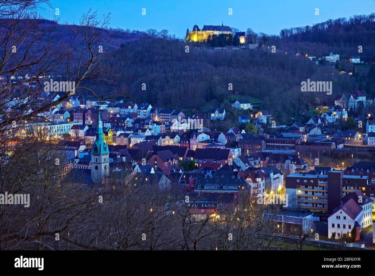 Castle Hohenlimburg in the evening, Germany, North Rhine-Westphalia, Ruhr Area, Hagen Stock Photo