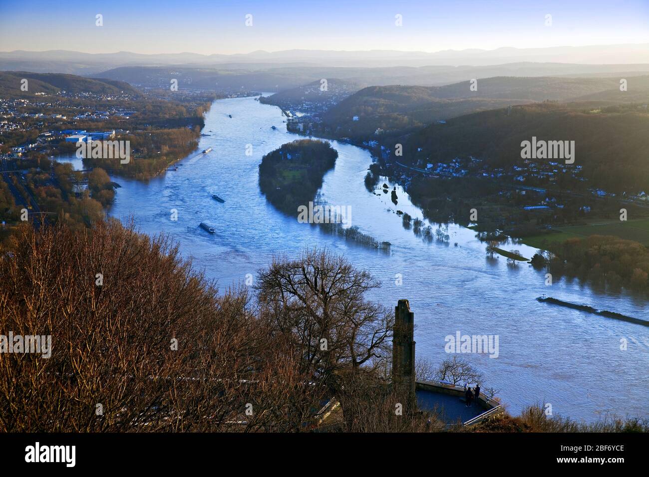 river Rhine with high water, view from the Drachenfels in winter, Germany, North Rhine-Westphalia, Siebengebirge, Koenigswinter Stock Photo