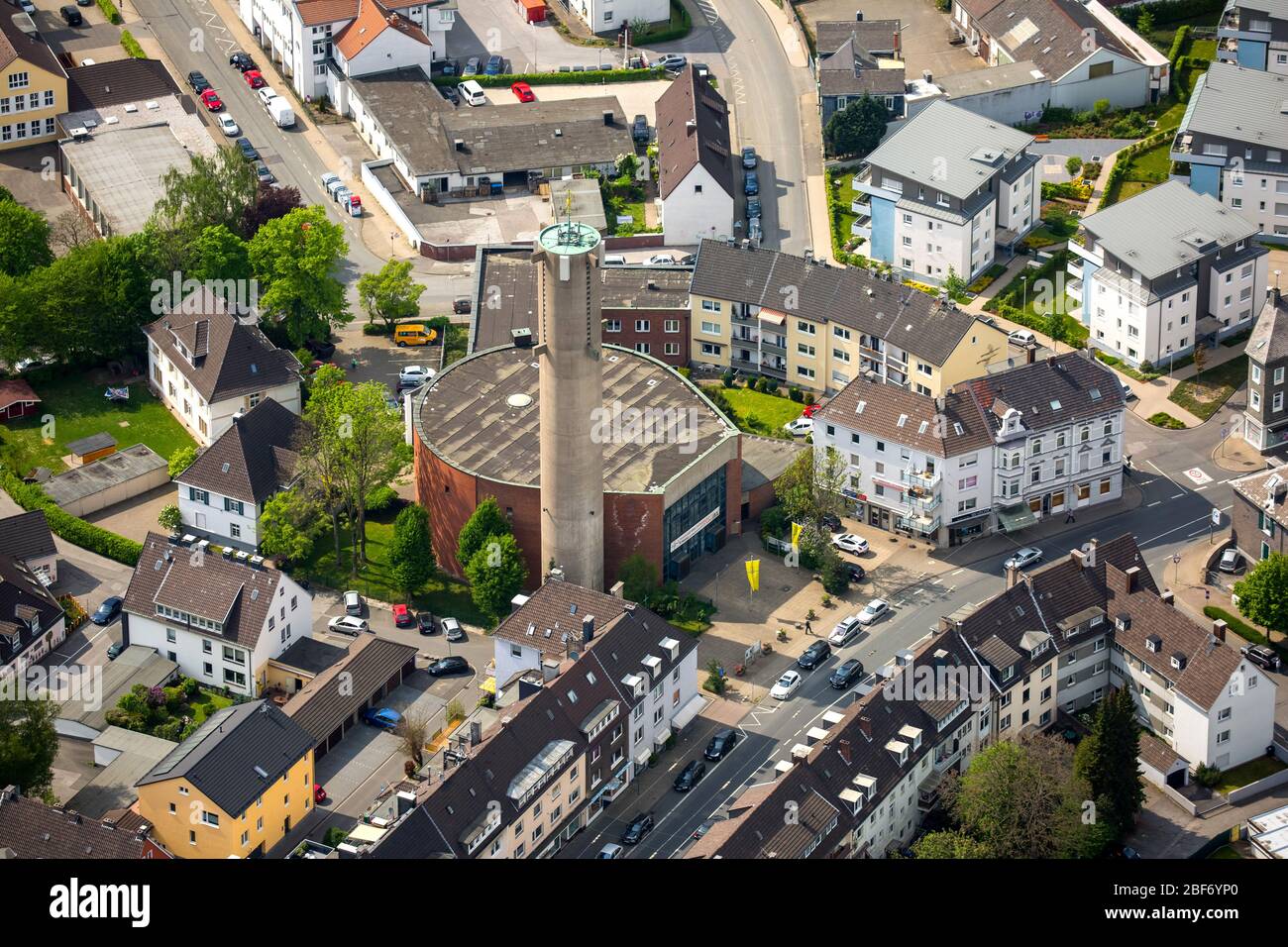 , Church St. Marien in the old city of Schwelm, 11.05.2016, aerial view, Germany, North Rhine-Westphalia, Ruhr Area, Schwelm Stock Photo