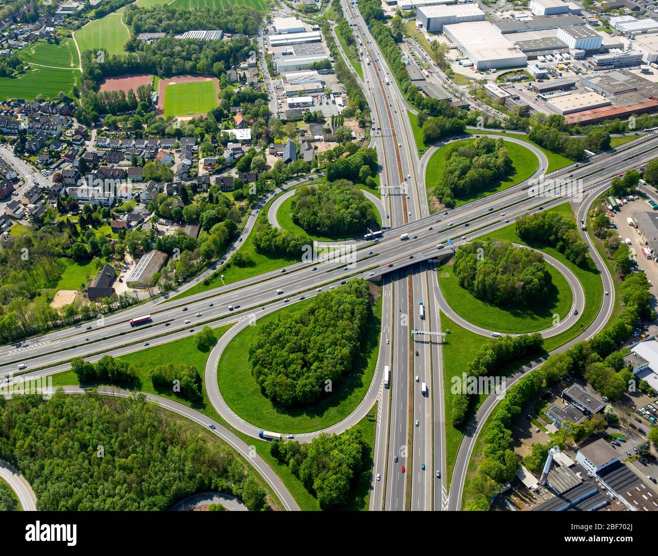 , intersection Bochum A 40 - A43 in Bochum-Harpen, 09.05.2016, aerial view, Germany, North Rhine-Westphalia, Ruhr Area, Bochum Stock Photo