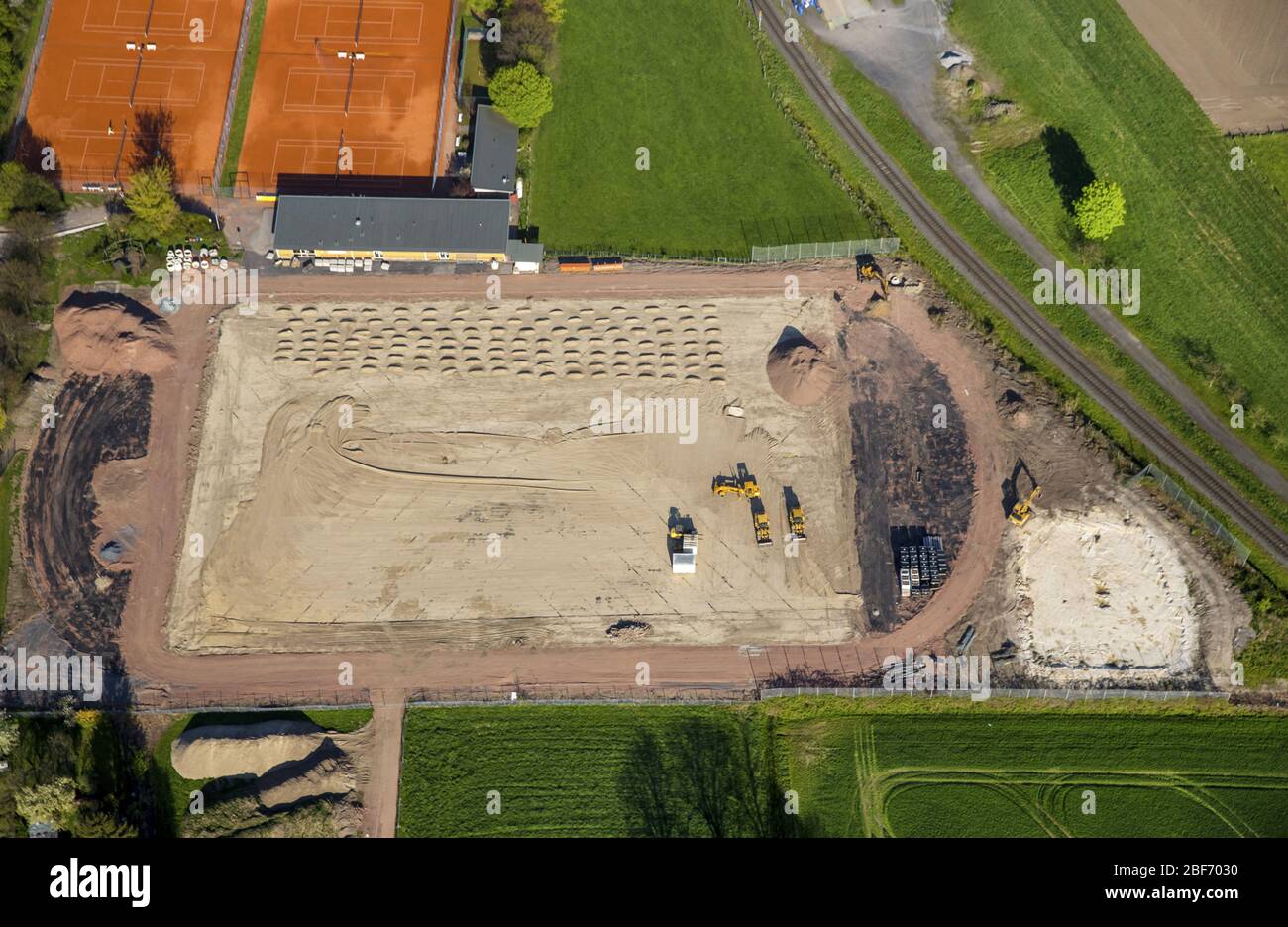 , Construction site on the sports facilities at the Realschule high school Mark in Hamm, 21.04.2016, aerial view , Germany, North Rhine-Westphalia, Ruhr Area, Hamm Stock Photo