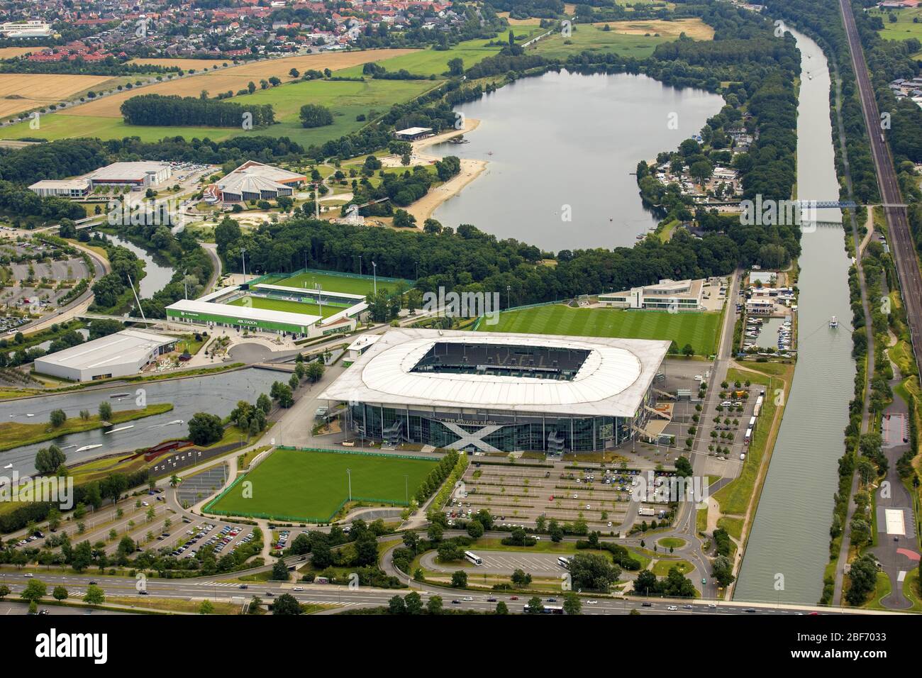 , stadium in Wolfsburg, lake Allersee, 23.07.2016, aerial view, Germany, Lower Saxony, Wolfsburg Stock Photo