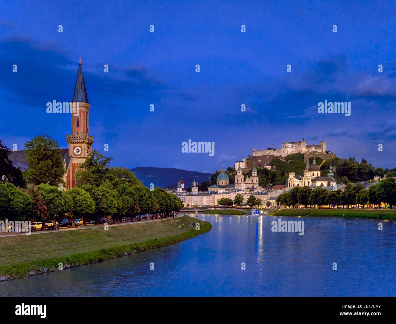 Historic town centre of Salzburg at dusk, Austria, Salzburg Stock Photo