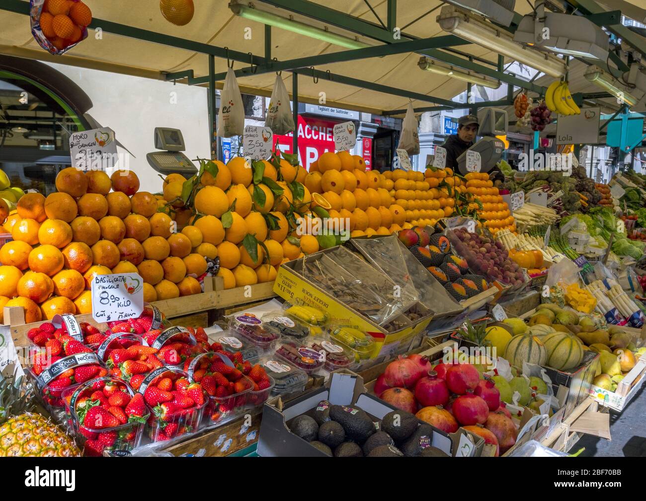 Fresh Fruits on Market in Bolzano, Italy, South Tyrol, Trentino, Bolzano Stock Photo