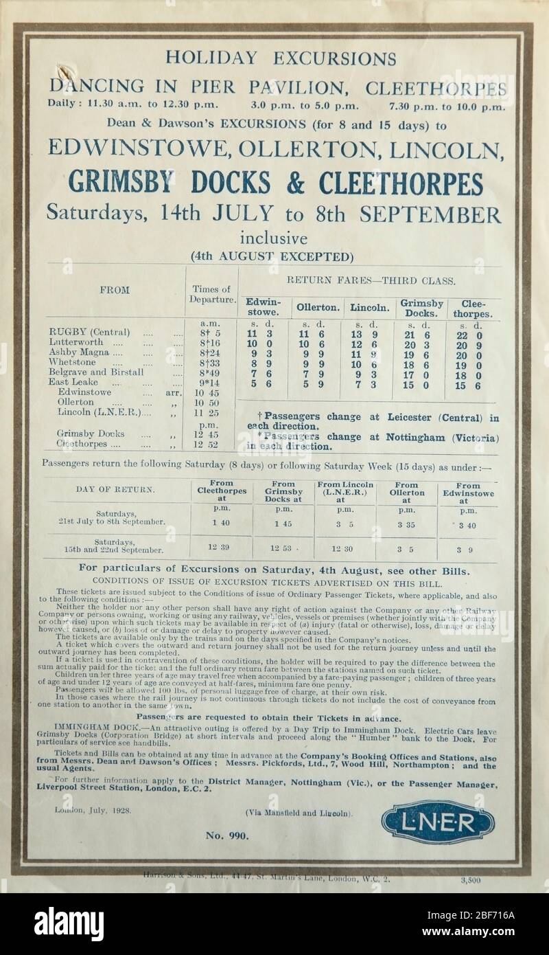 Handbill from the LNER for rail excursions from Rugby to Cleethorpes on Saturdays in summer 1928. Stock Photo