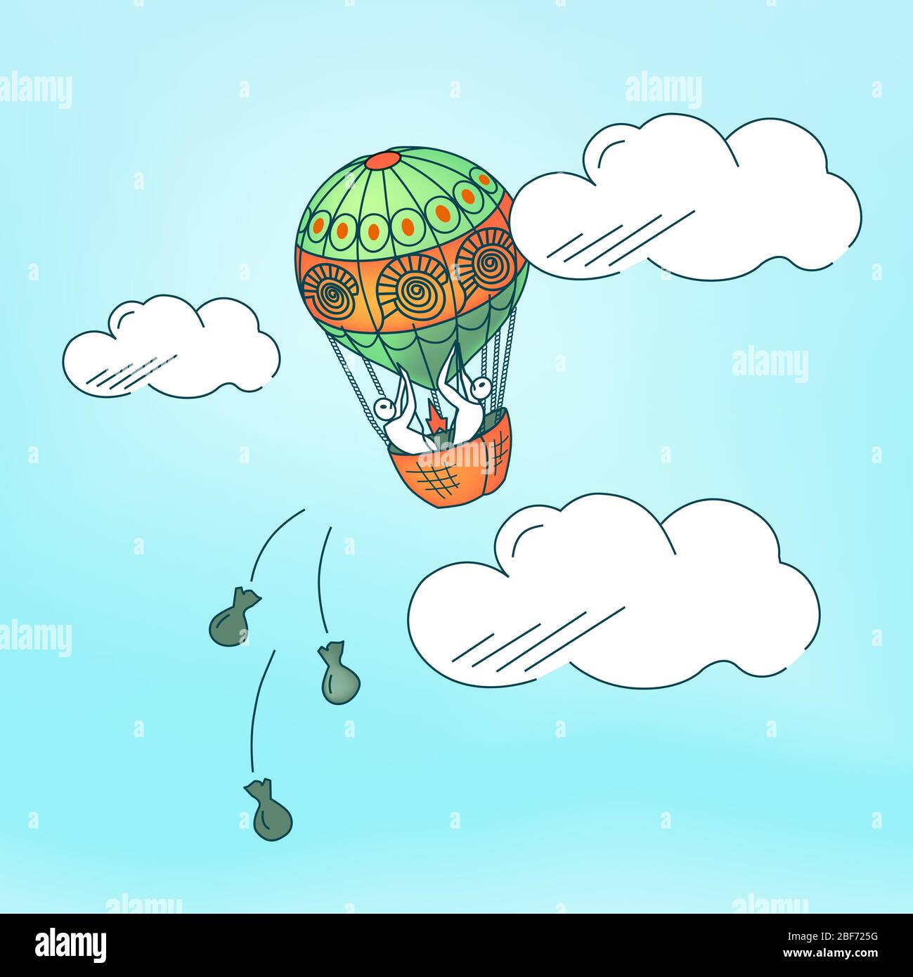 Vector illustration of balloon with frightened people in a panic on topic of getting rid of excess cargo, things, ballast. Сoncept of reasonable, smar Stock Vector