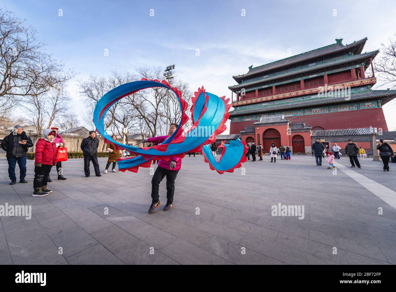 Ribbon dance performance in front of Drum Tower also called Gulou in