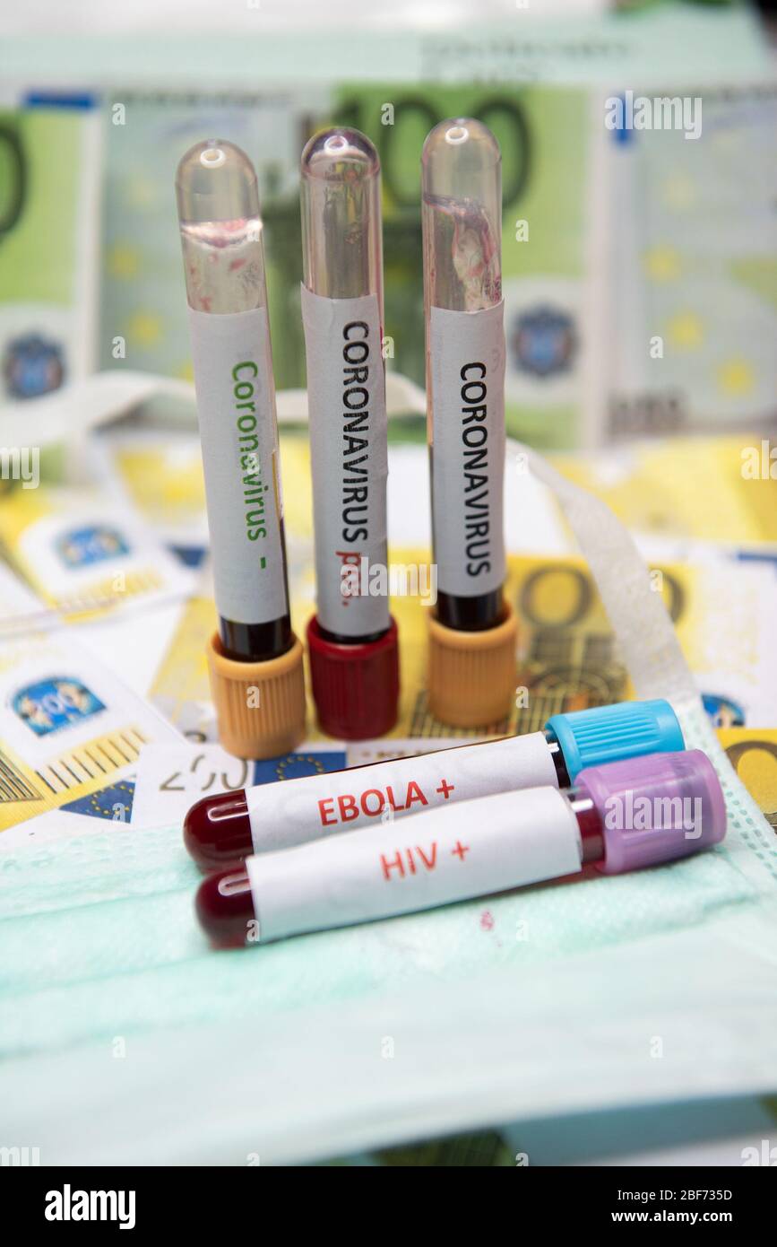 Euro money and positive testing at HIV,Ebola and Coronavirus Stock Photo