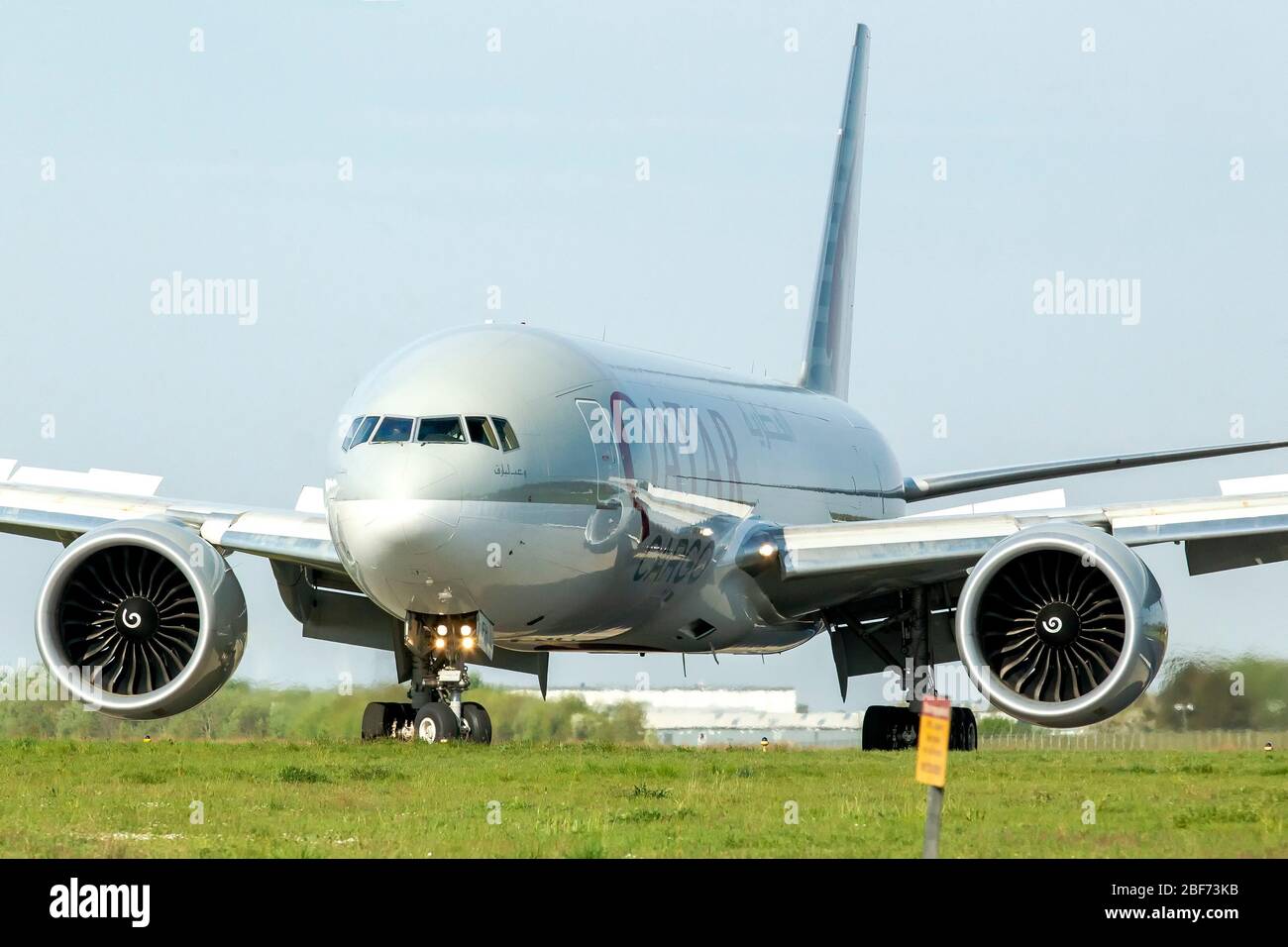 16 april 2020 Maastricht, The Netherlands Airplanes leaving the Airport Qatar cargo vliegtuig A7-BFH  Qatar cargo plane A7-BFH Stock Photo