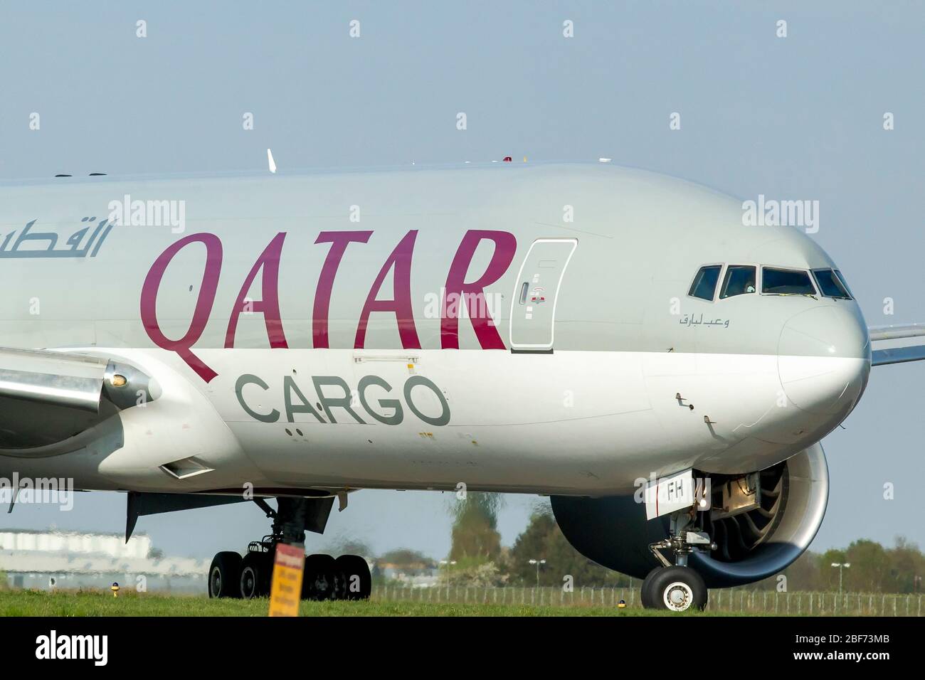 16 april 2020 Maastricht, The Netherlands Airplanes leaving the Airport Qatar cargo vliegtuig A7-BFH  Qatar cargo plane A7-BFH Stock Photo
