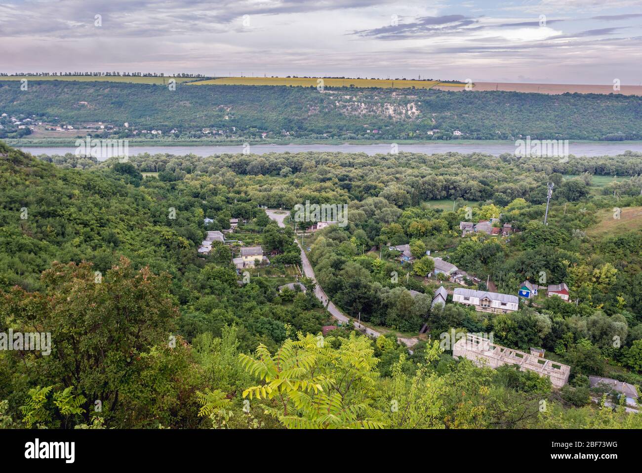 Saharna village in Rezina District of Moldova, view with Dniester River, natural border between Moldova and breakaway state called Transnistria Stock Photo