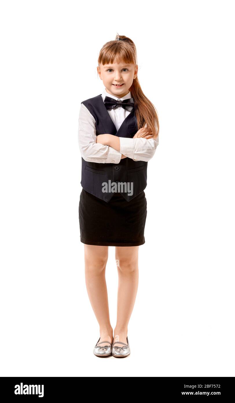 Cute little waiter on white background Stock Photo - Alamy