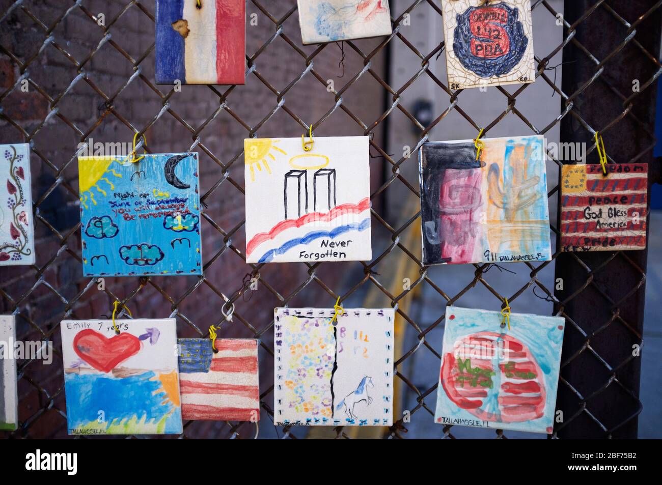 Tiles on a fence, New York. To remember 9/11, terror attack. Stock Photo