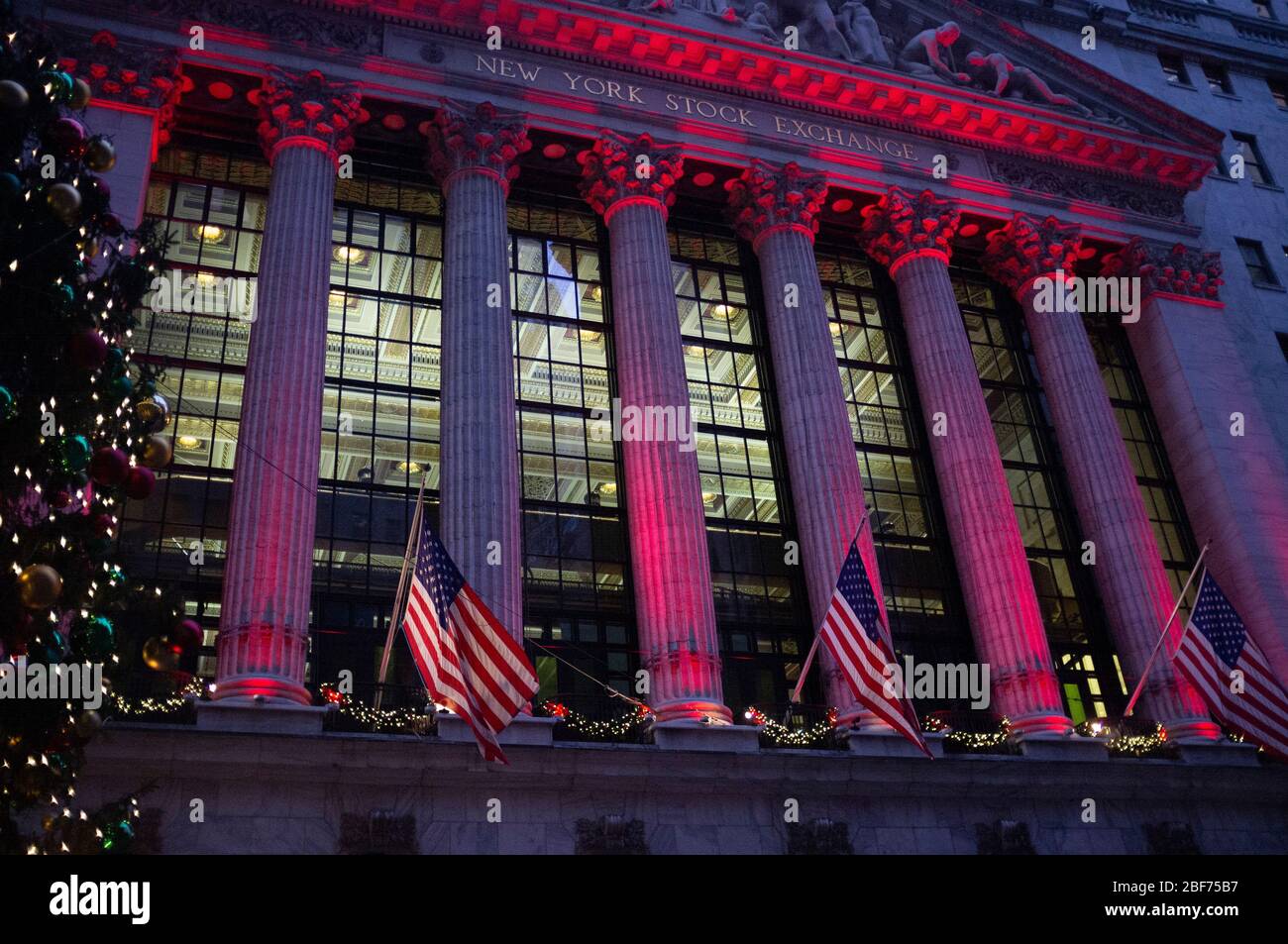 The New York Stock Exchange at Christmas time. Manhattan, New York. Stock Photo