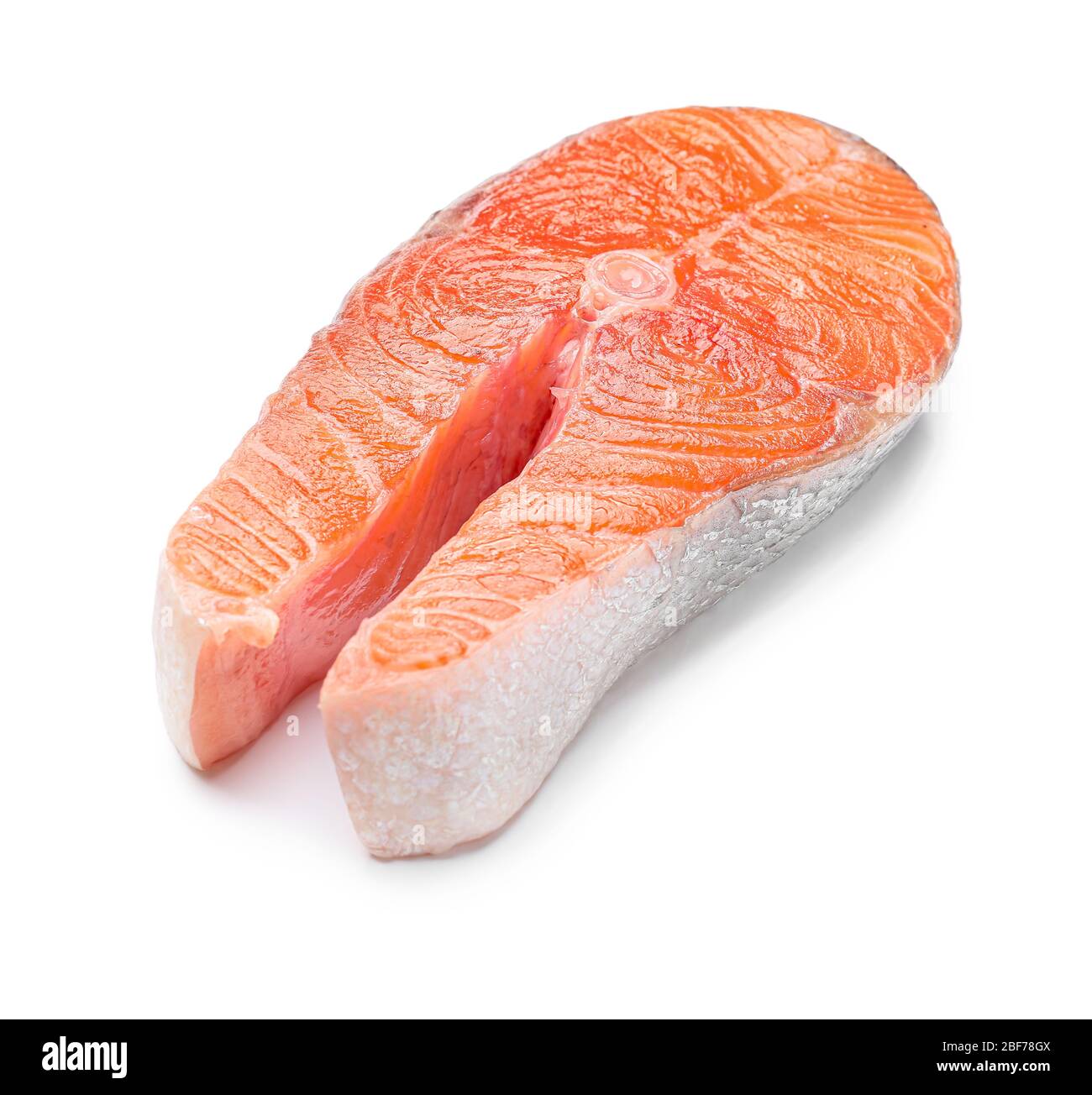 Raw salmon steak on white background Stock Photo - Alamy