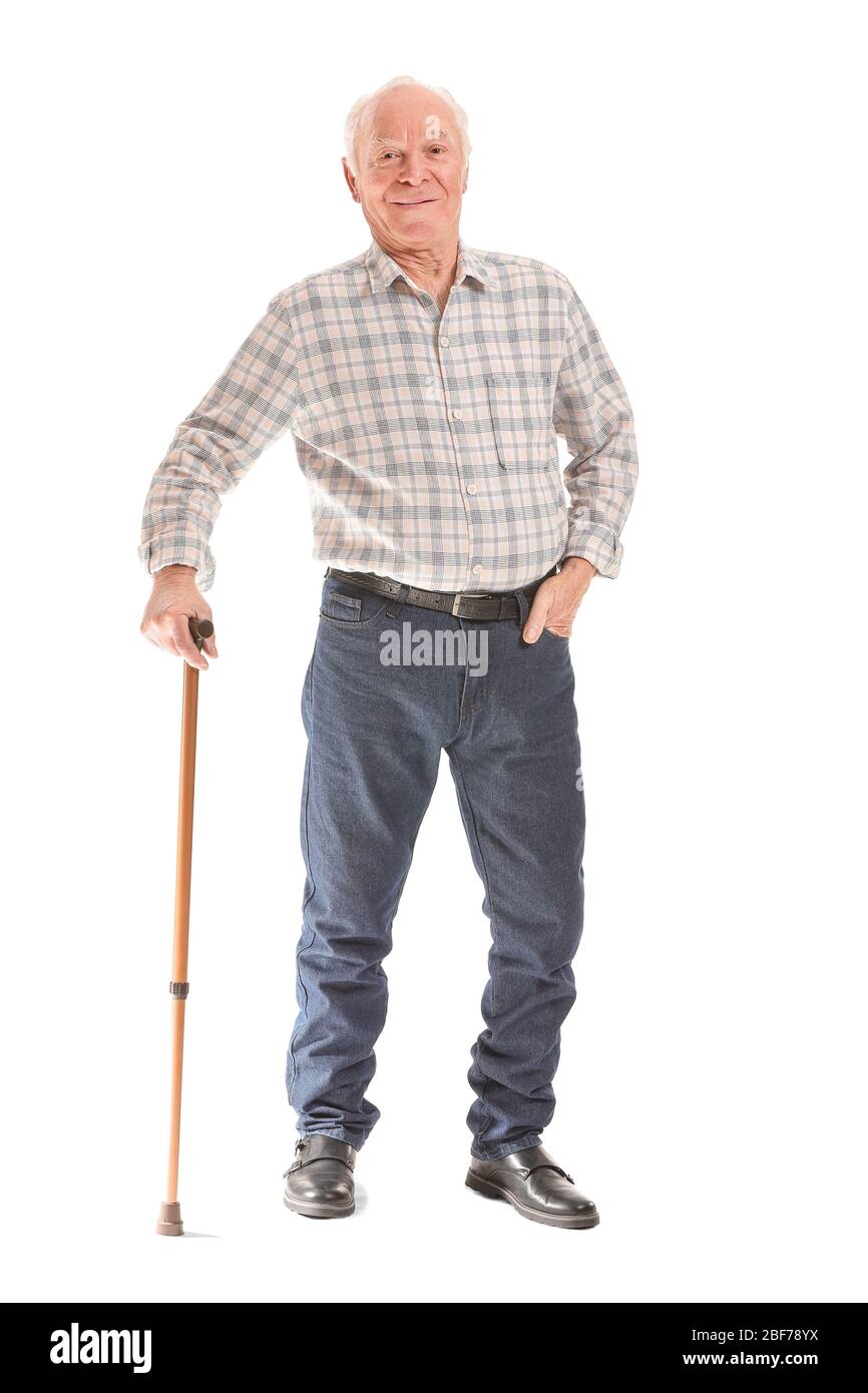 Portrait of elderly man with walking stick on white background Stock ...