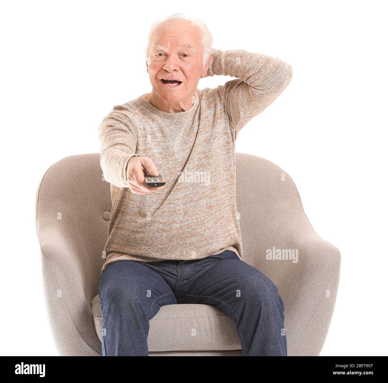 Portrait of elderly man watching TV on white background Stock Photo - Alamy Portrait of elderly man watching TV on white background Stock Photo - Alamy