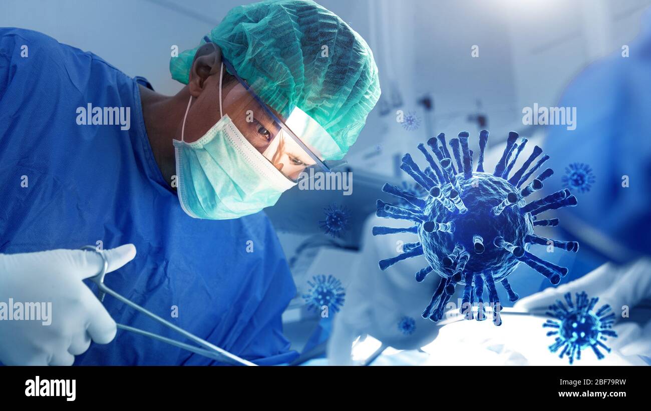 Doctor operating human lung for rescue patient from coronavirus influenza in operation room or ICU at hospital. Accident and surgery concept. Health c Stock Photo