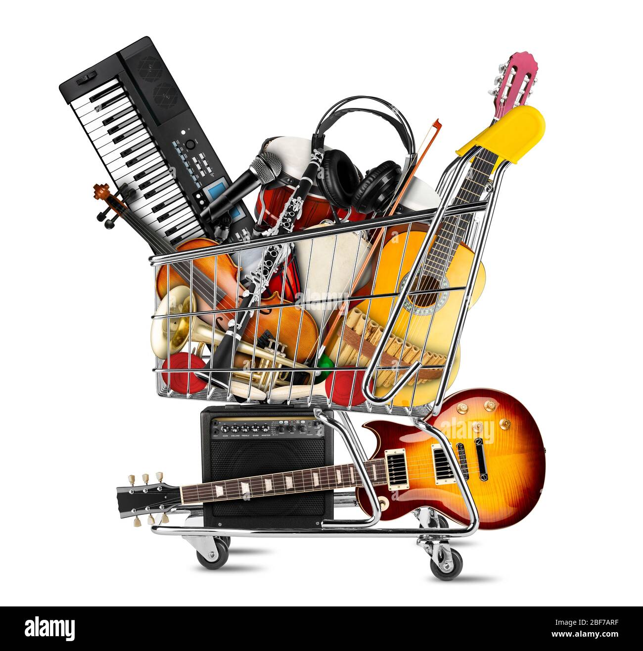 stack pile collage of various musical instruments in shopping cart. Electric guitar violin piano keyboard bongo  tamburin harmonica trumpet. store onl Stock Photo