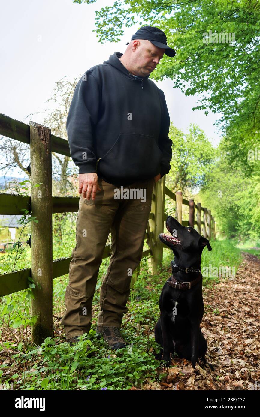 A man and his black American Labrador retriever look at each other as they take a break from hiking in the Palatinate Forest of Germany Stock Photo Alamy