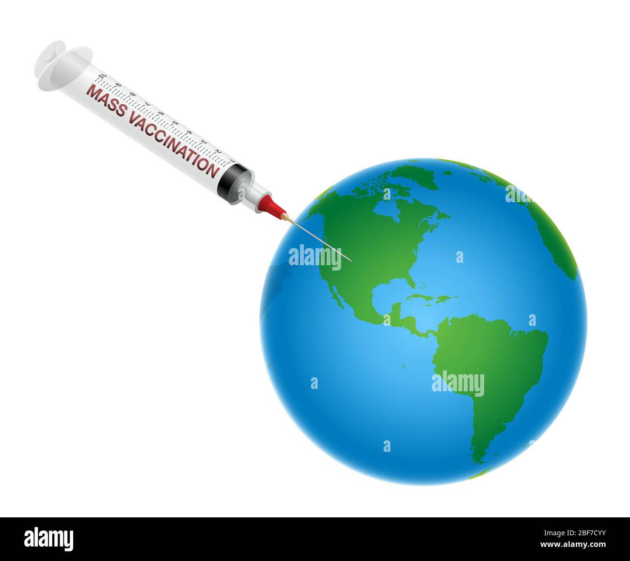 Syringe vaccinates planet earth. Symbol for mass vaccination and  global coronavirus immunization campaign of the pharma industry. Stock Photo