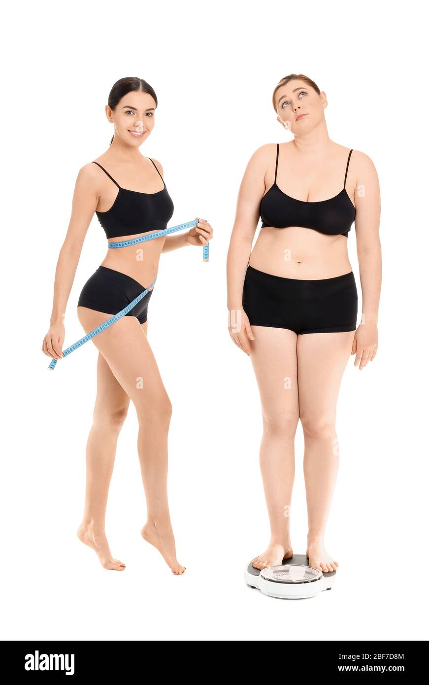 Slim and overweight women on white background. Weight loss concept ...