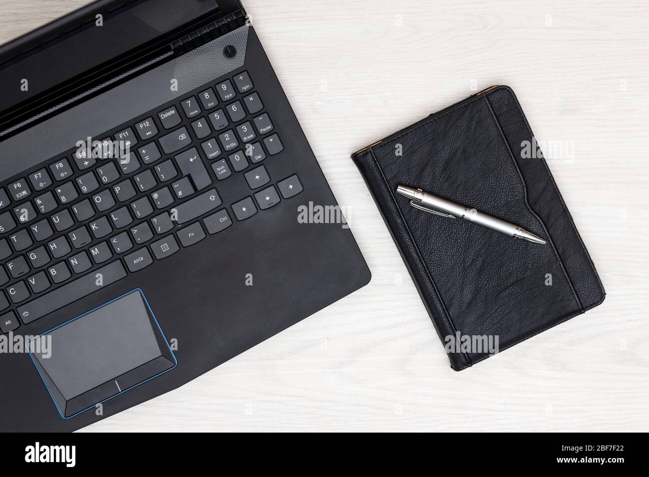 home office flat lay with laptop computer Stock Photo