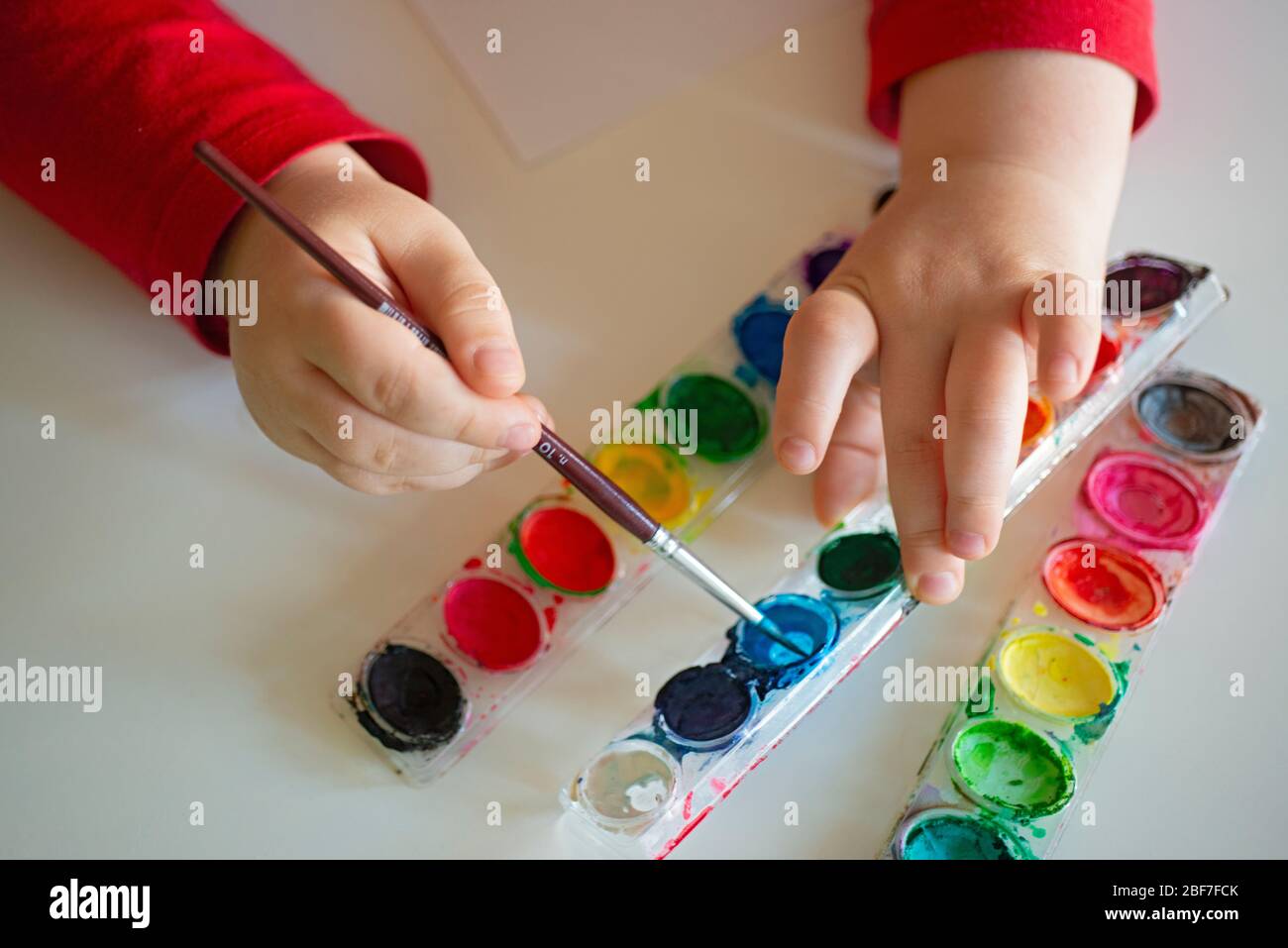 Boy Watercolor Child Painting Brush Color Palette Stock Photo