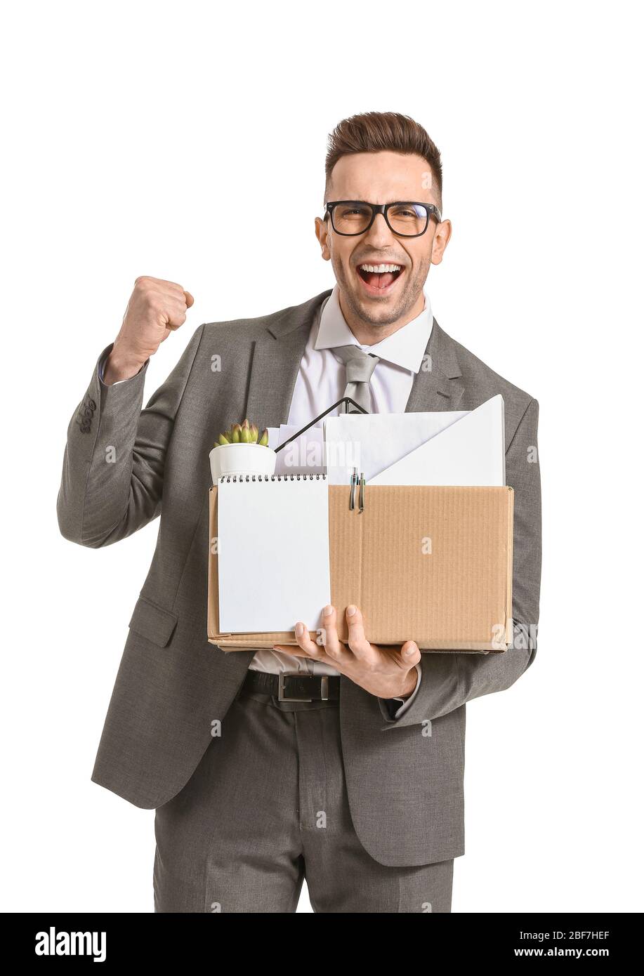 Happy fired man on white background Stock Photo - Alamy