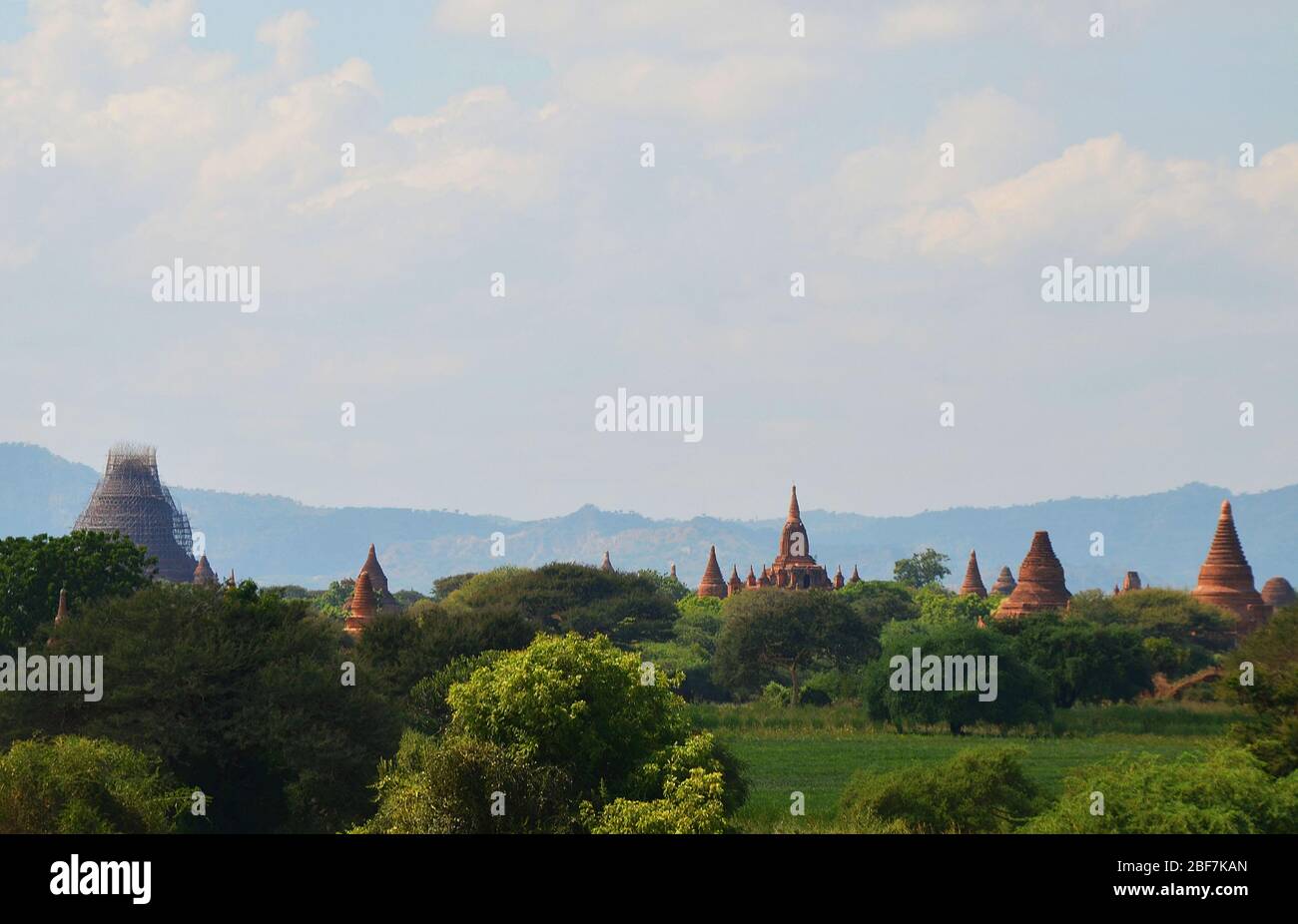 Red bricked temples in central plain Bagan Myanmar I Stock Photo