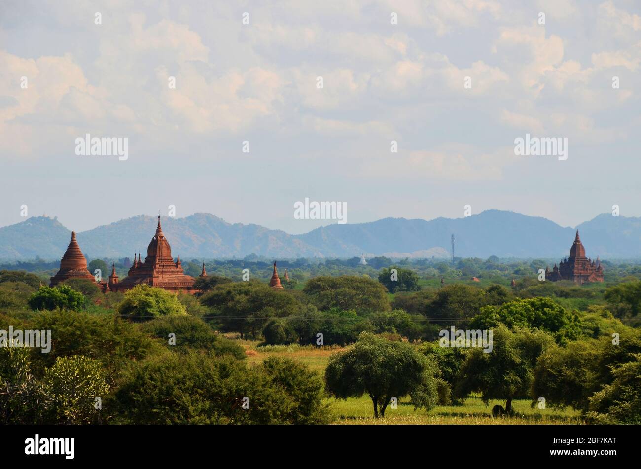 Red bricked temples in central plain Bagan Myanmar Stock Photo