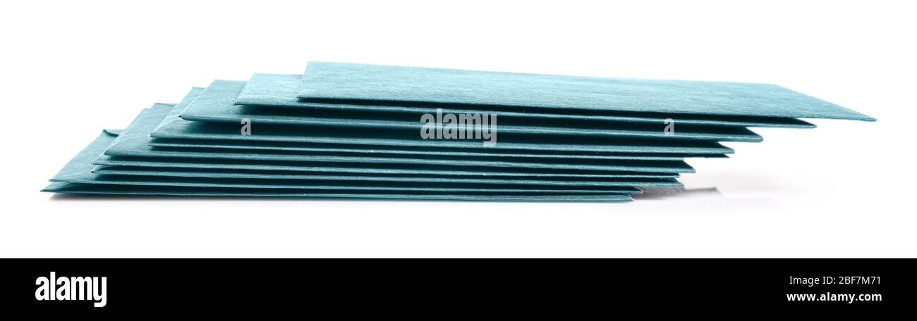 Stack of paper envelopes on white background Stock Photo